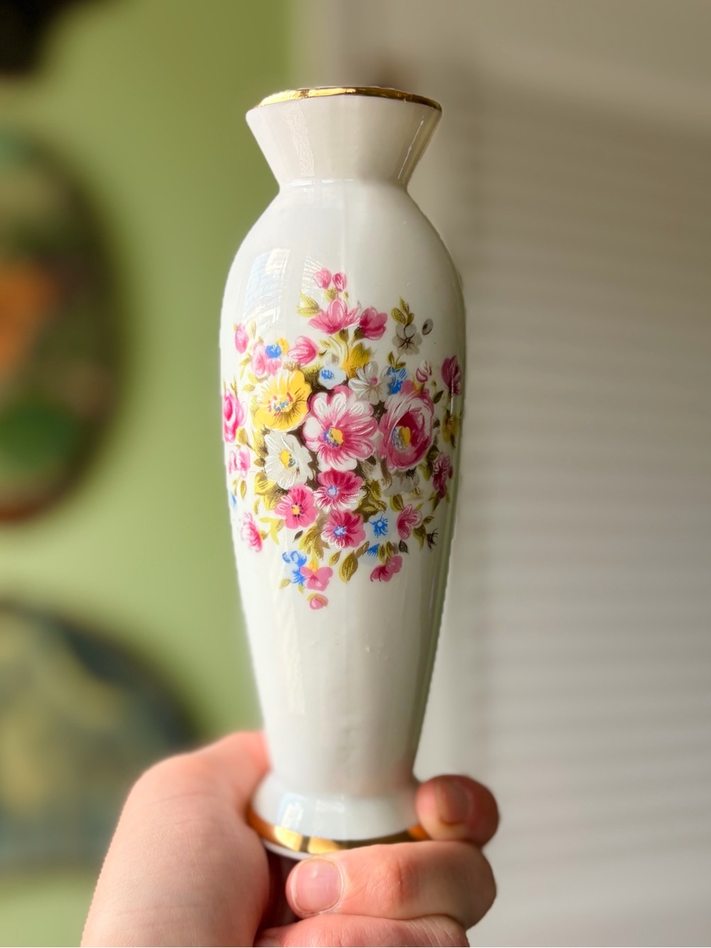 Vintage White Floral Porcelain Vase with Pink & Yellow Bouquet